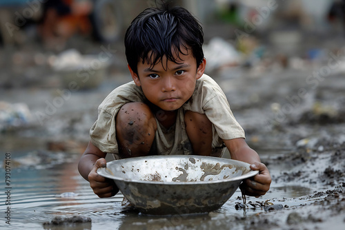 Asian child, clutching a metal bowl in the muddy river. Generative AI Image. photo