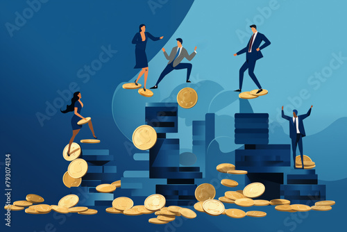 Business graphic vector modern style illustration of a business person in a workplace environment showing money cash earnings investment accounts revenues and profits loss from accounting invest