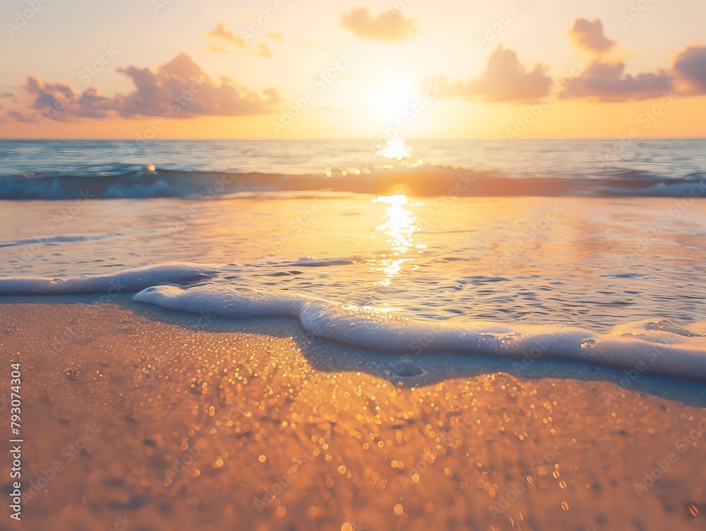 Fototapeta premium A mesmerizing close-up of a sea sand beach, showcasing a panoramic landscape with an inspiring tropical seascape horizon