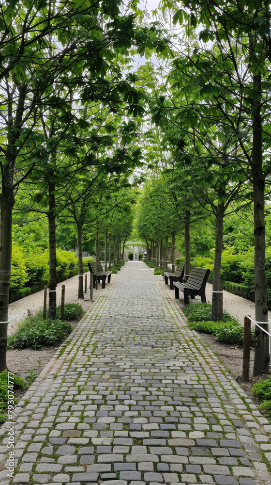 A long stone slate path with trees on both sides, green plants and benches at the end of each tree line, white background wall in front of it