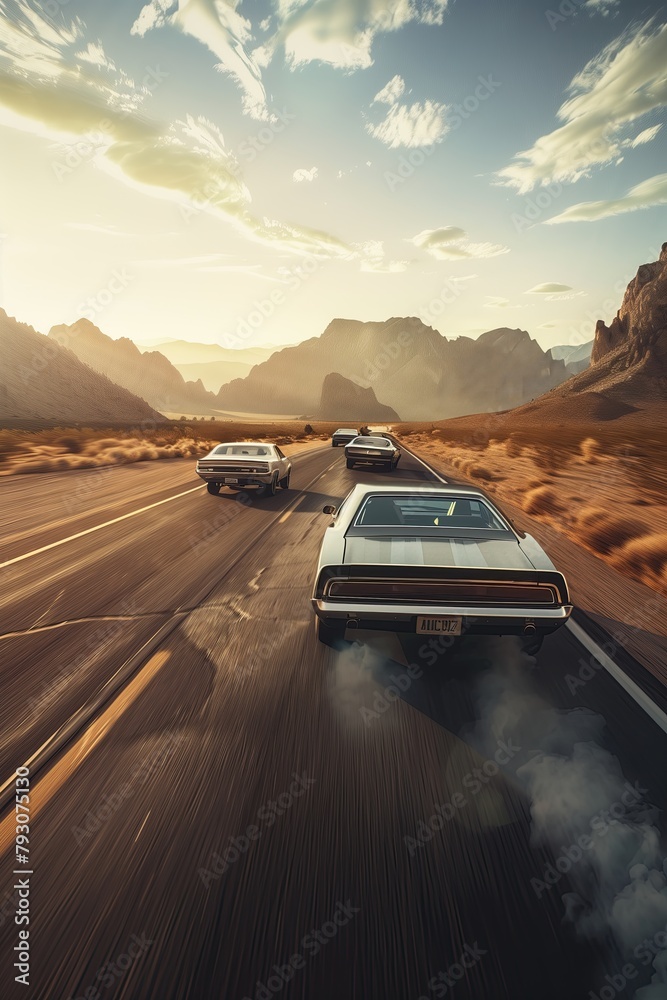 highspeed car chase on an open road in the desert, with three muscle cars racing side by side