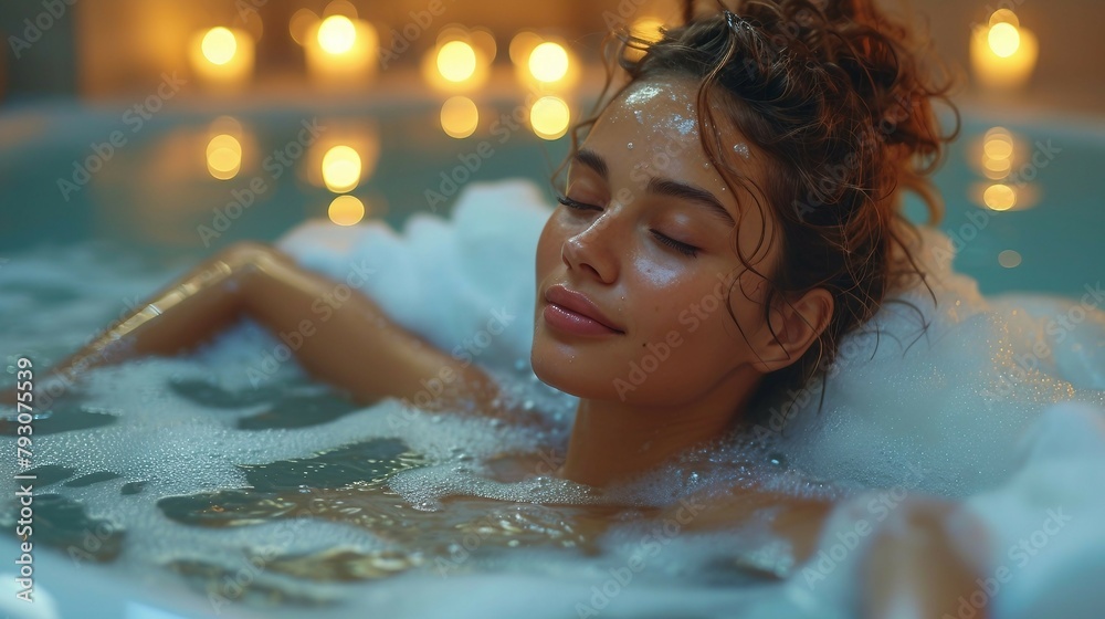 A person enjoying a relaxing bath with candles. AI generate illustration