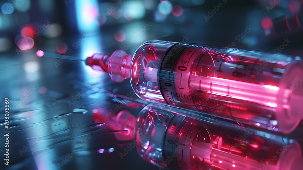 Futuristic Science Fiction Glowing Insulin Injection Syringe with Reflective Backdrop