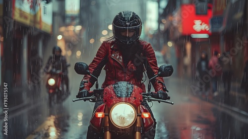 Futuristic Red Motorcycle Rider Racing Through Rainy City Street photo
