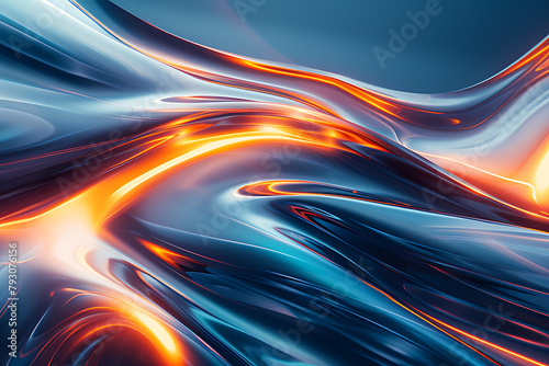 Abstract image of fluid shapes with a fiery glow, movement and energy through a blend of color and light