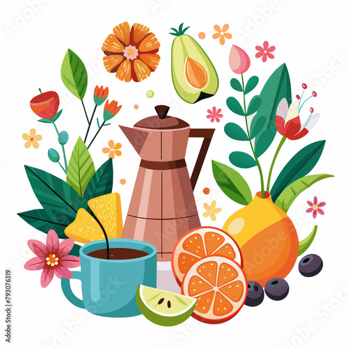 still life with orange and flowers