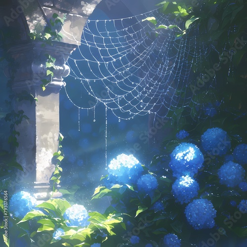 An Enchanted Forest Scene - Dazzling Spider Web with Dewdrops & Blue Bells in Full Bloom photo