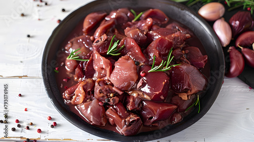 Raw chicken giblets liver, meat background. photo