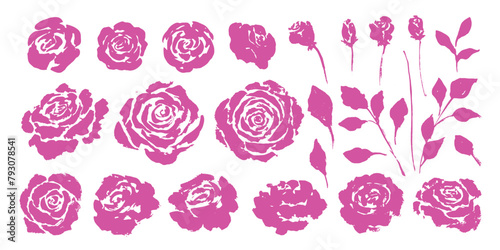 Set of hand drawn pink rose. Grunge rough contour, texture. Leaves, flowers, buds.