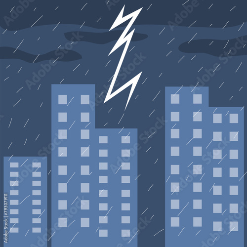 Dramatic Storm Lightning Striking City Buildings
