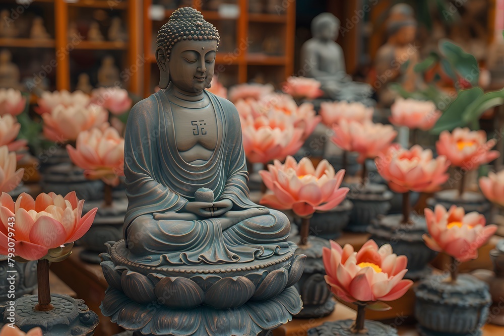 Fototapeta premium Buddha Statue Amid Water Lilies on Table