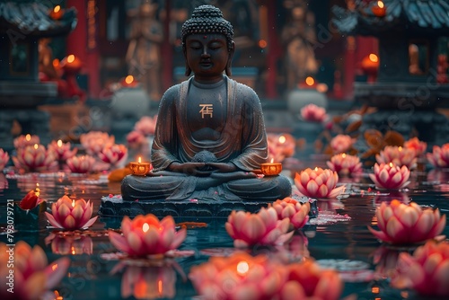Buddha Statue Sitting on Top of a Body of Water