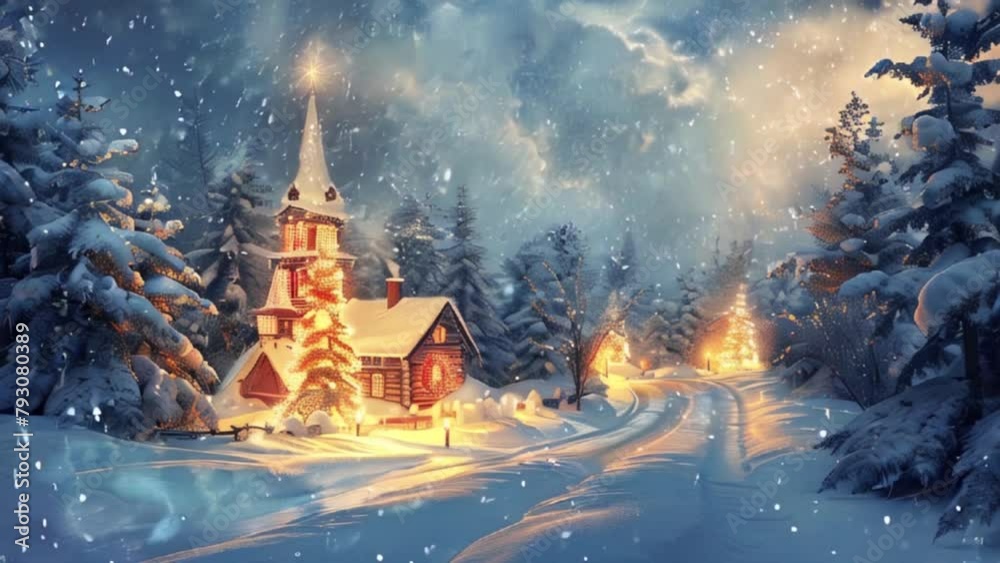 Christmas greeting card, glowing house in the snowy forest Christmas greeting card, glowing house in the snowy forest