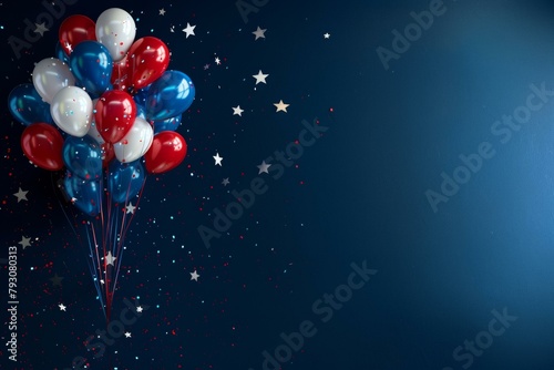  Festive 4th of July balloons in red, white, and blue, with stars on dark backdrop. Ideal for patriotic holiday promos.
