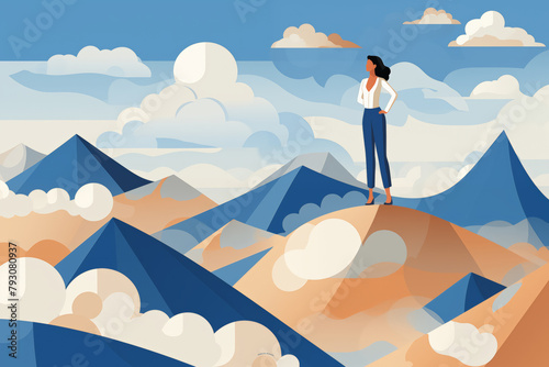 Business graphic vector modern style illustration of a business person on a mountain top representing conquering achievement progression overcoming hitting new goals or targets © James