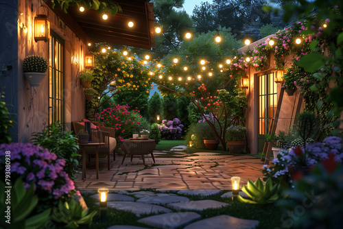 Tranquil Summer Evening at a Beautiful Suburban House with Illuminated Garden Patio