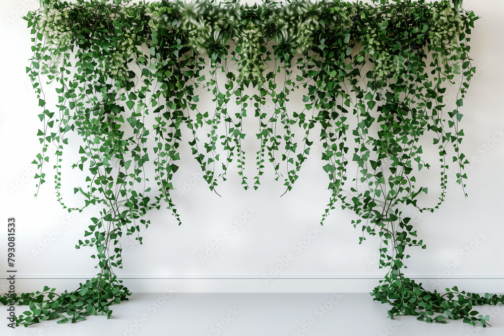 Obraz premium White wall photo booth adorned with cascading greenery