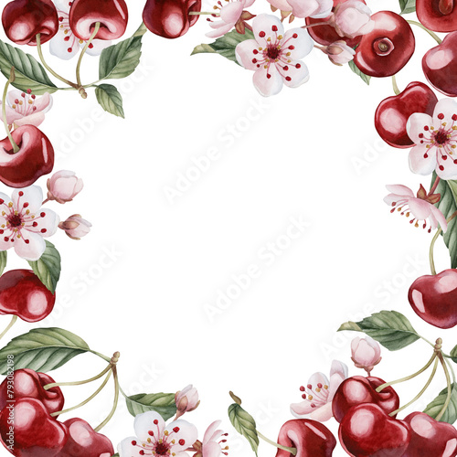 Cherry berries with flowers and leaves, watercolor isolated illustration. Frame with spring blossom for table textile