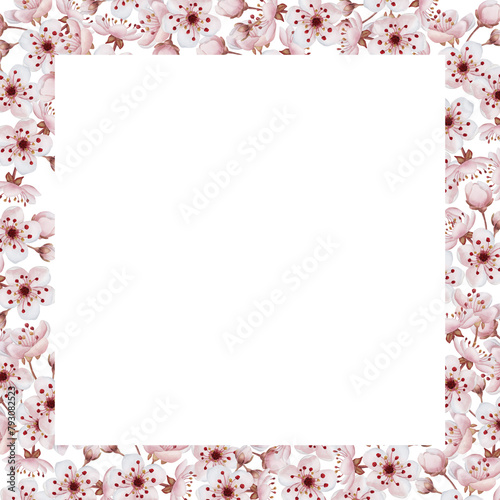 Frame with cherry blossom, watercolor isolated illustration. Spring pink flowers for table textile, cosmetic packages