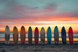 A row of surfboards lined up on a beach at sunset