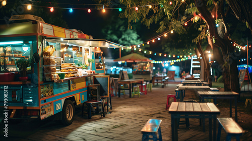 A blank wooden table placed beside food truck with colorful light decoration for food festival at night.