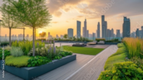 This blurred image captures the essence of a sunset over a city skyline  viewed from a lush rooftop garden with a serene ambiance. Resplendent.