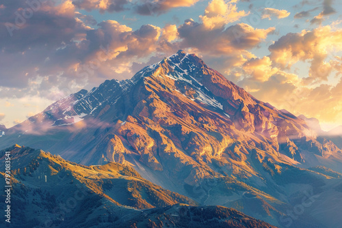 A mountain peak bathed in warm sunlight  radiating a sense of peace and serenity.