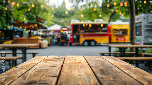 Empty wooden tables on blurred food truck festival and bright decoration lights as a background. photo