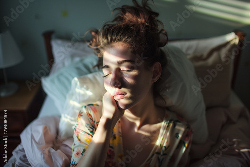 Resting peacefully, a woman's face is touched by morning sunlight