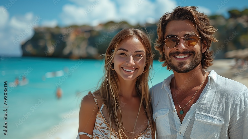 happy beautiful couple standing on beach wearing summer shirts, marriage honeymoon , summer time concept, ocean and beach in background happy beautiful couple standing on beach wearing summer shirts, marriage honeymoon , summer time concept, ocean and beach in background