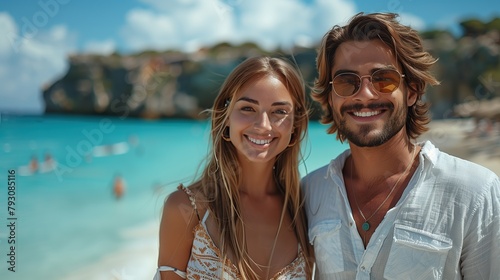 happy beautiful couple standing on beach wearing summer shirts  marriage honeymoon   summer time concept  ocean and beach in background