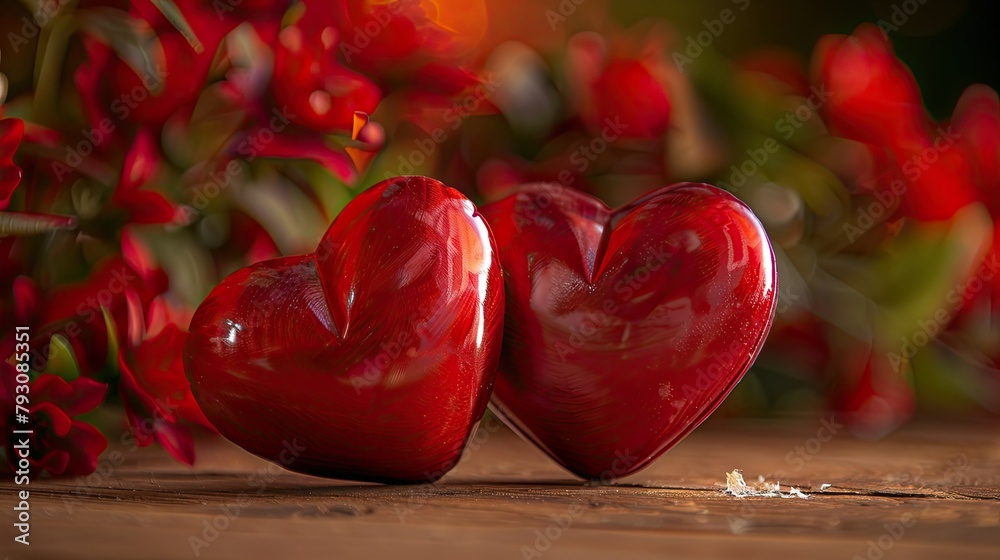 Obraz premium Two red hearts positioned as a representation of love stand proudly in front of a bouquet with ample space available on the hearts and the lower section of the image