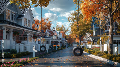 A picturesque townhouse with a white picket fence and a tire swing swaying in the breeze.