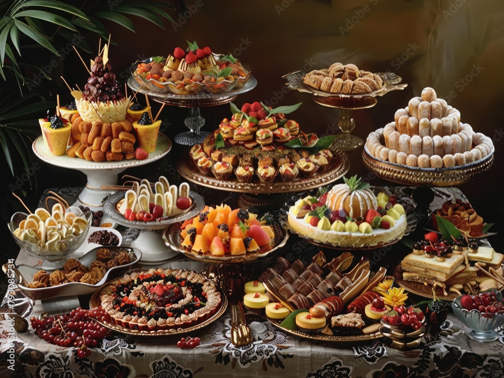 a beautifully set dessert table featuring an assortment of traditional treats from various cultures