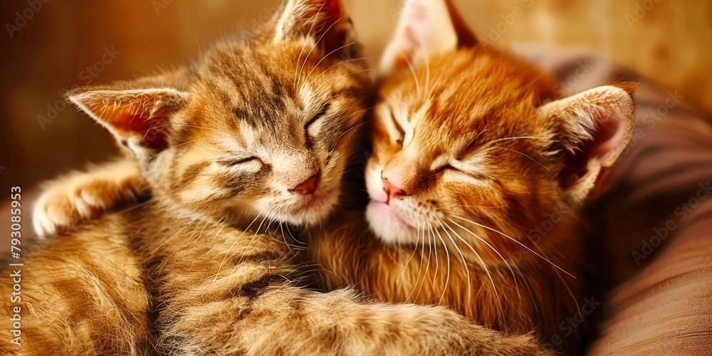 Cute sleeping ginger kittens in a tender embrace, their fur a soft testament to cozy contentment and sibling love.