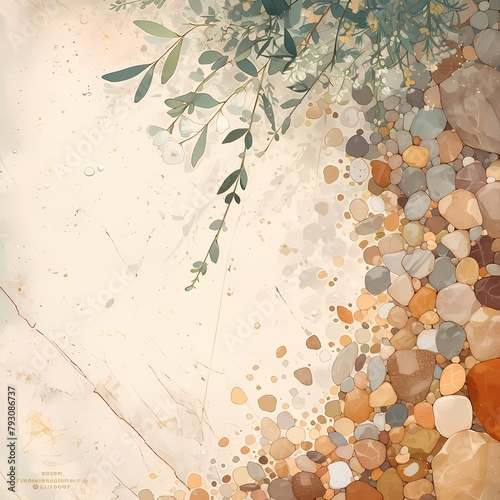 Exquisite Natural Collage: Lush Leaves and Glistening Seashells Create a Dreamy Landscape