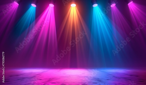 A stage with colorful lights and a dark background. The lights are in different colors and are pointing in different directions. Scene is energetic and exciting, as if it's a concert or a performance