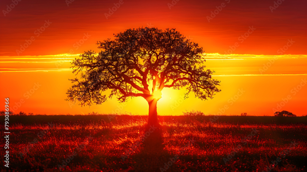 Solitary Silhouette: A Lone Tree Against a Sunset Sky