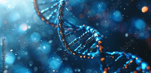 A blue and orange DNA strand with a blurry background. Concept of mystery and complexity, as the DNA strand is a fundamental building block of life. The blurry background adds a sense of movement