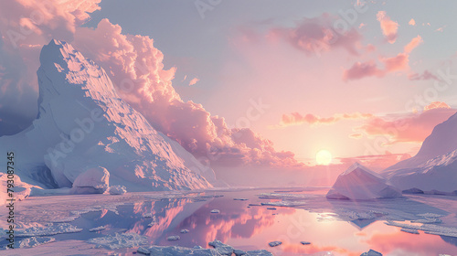 The sun setting behind a glacier, its warm light reflecting off the ice and mingling with soft clouds