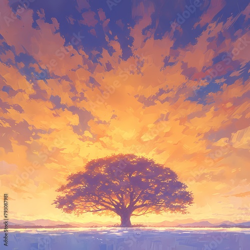 Graceful Tree in Serenity: The Golden Light of Daybreak