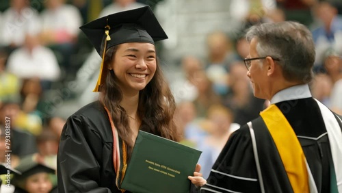 Happy female graduate receiving diploma from dean at commencement photo