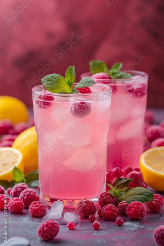 Pink lemonade with raspberries and lemon, ice, mint on a dark pink background. Vertical post. Concept: summer drinks, menu for bar, non-alcoholic, advertising photo