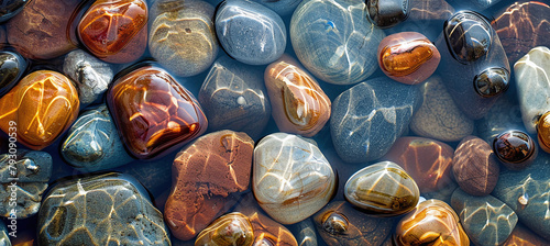 Smooth multi-colored pebbles are visible under clear water. photo