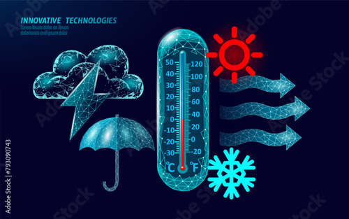 Weather 3D elements. Mobile app forecasting banner UI with rain sun umbrella termometer wind symbols. Low poly dark vector illustration