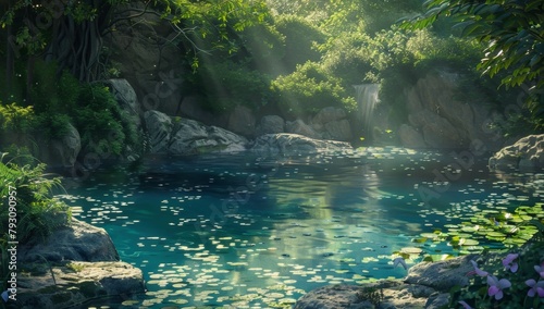 A serene pond with clear blue water, surrounded by lush greenery and rocks Generative AI