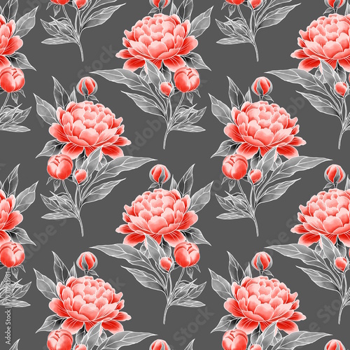 Peony flowers seamless floral pattern. Red flowers on gray background.