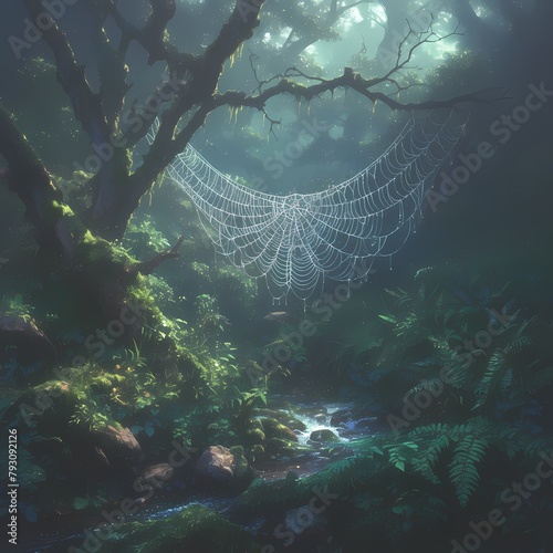 Enchanting Fantasy Nature Scene with Spectacular Spiders Web in Mist-filled Forest photo