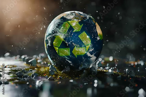 An Earth image with a recycling symbol superimposed, emphasizing environmental conservation and sustainability efforts on a global scale. photo