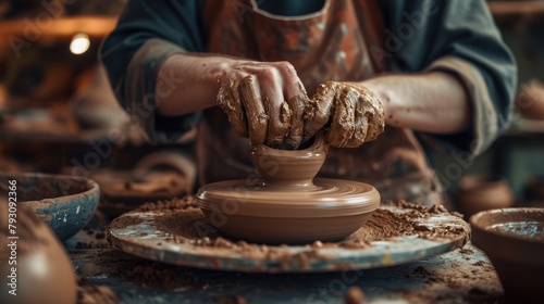 Close-up of an artisan's hands skillfully shaping wet clay on a spinning pottery wheel, surrounded by tools and unfinished pieces. Resplendent.